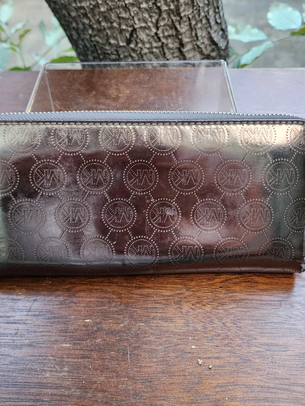 Michael Kors Metallic Pewter Monogram Embossed Zip Around Wallet